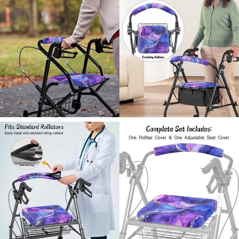 LedBack Walker Accessories Sets Wheelchair Bag for Seniors Rollator Walker Rollator Covers Purple Marble Print Walker Seat and Backrest Covers, Easy to Install - Image 4